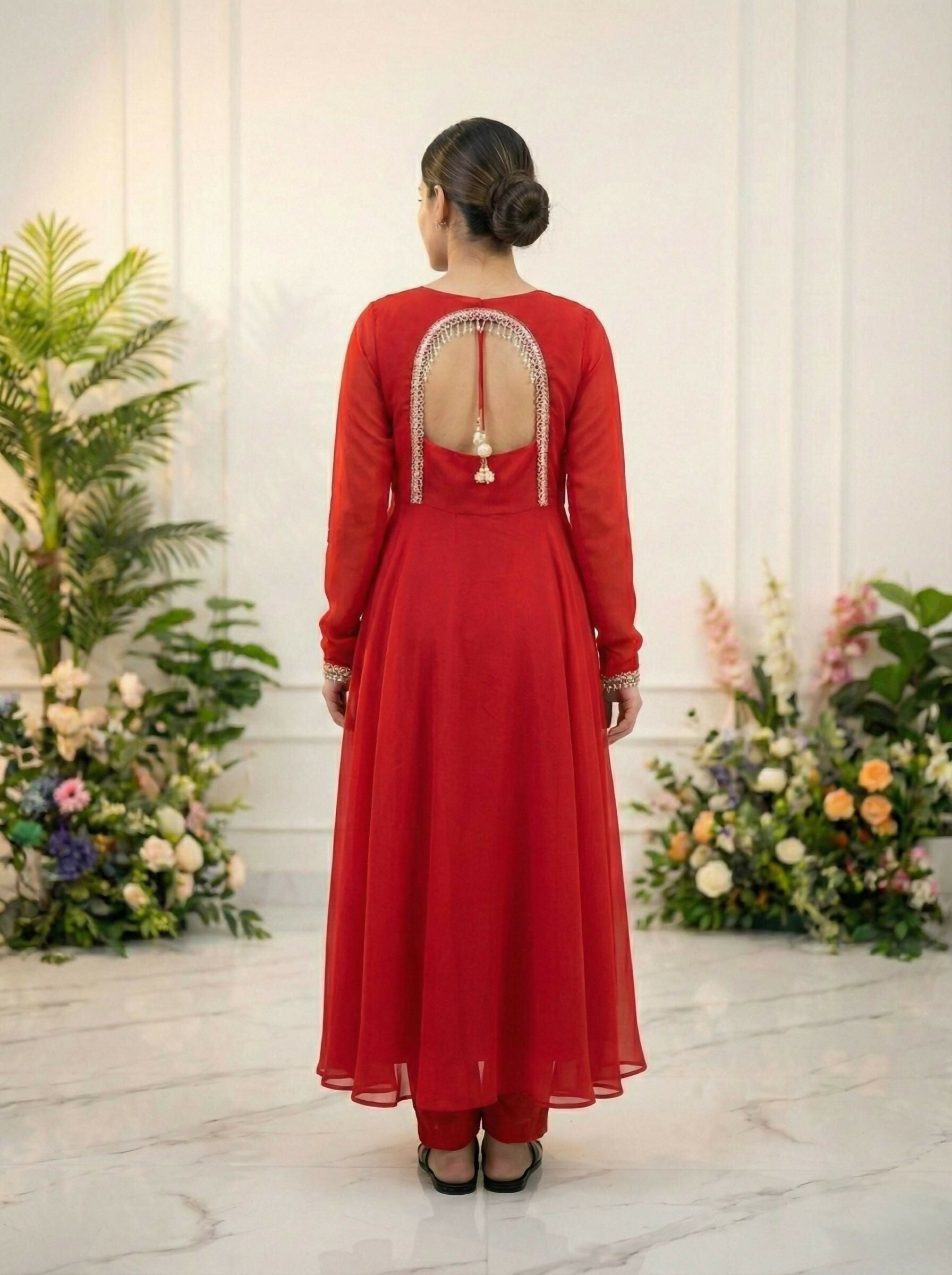 Teeya Creation Womens New Fancy Fox Georgette Heavy Quality Fabric With Handwork Red Gown Set | Grocsy