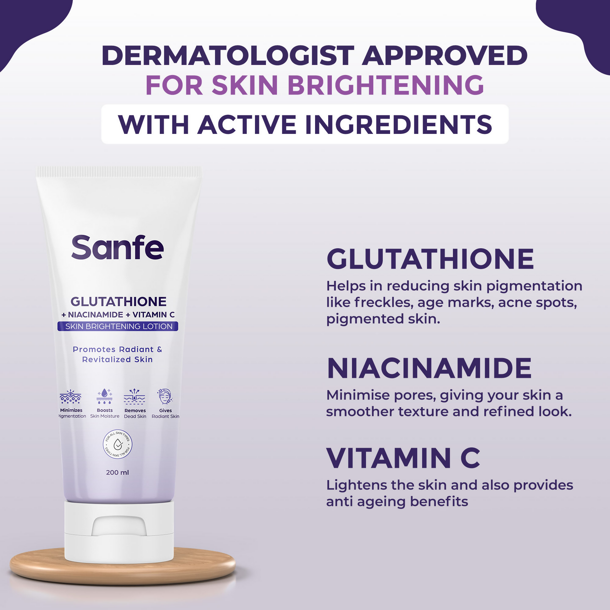 Sanfe Glutathione + Niacinamide + Vitamin C Skin Brightening Lotion | Grocsy