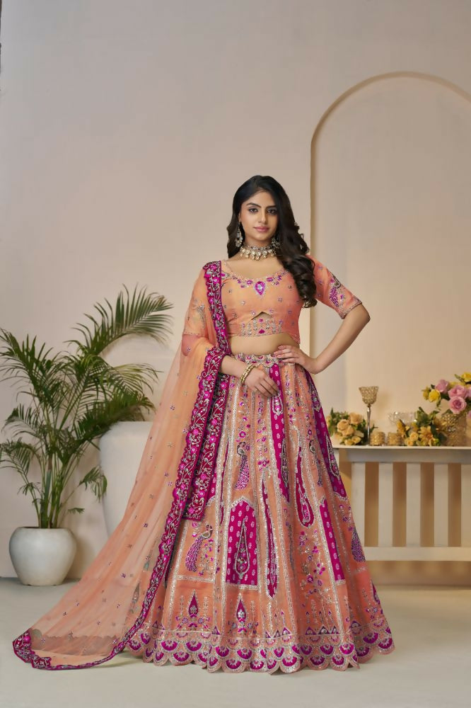 Kesar Fab Orange Banarasi Silk Embroidered Lehenga | Grocsy