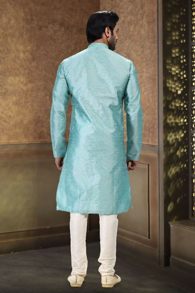 Raivat Ethnic Jacquard Banarasi Silk Thread Work Kurta Pajama In Sky Blue Colour | Grocsy