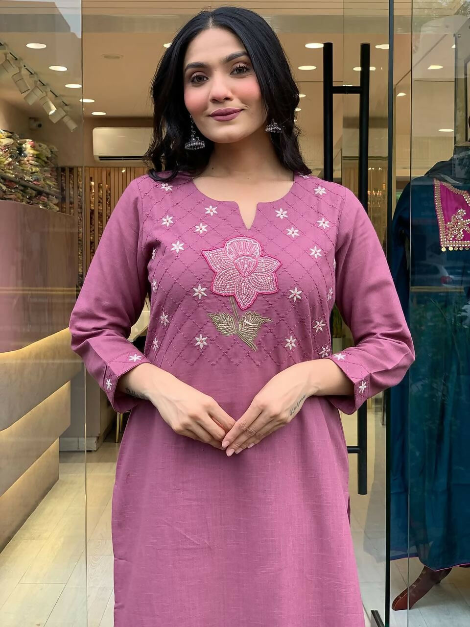 The52 Peach Women's Gorgeous Embroidered Cotton Fabric Straight Kurta Pant with Dupatta Set | Grocsy