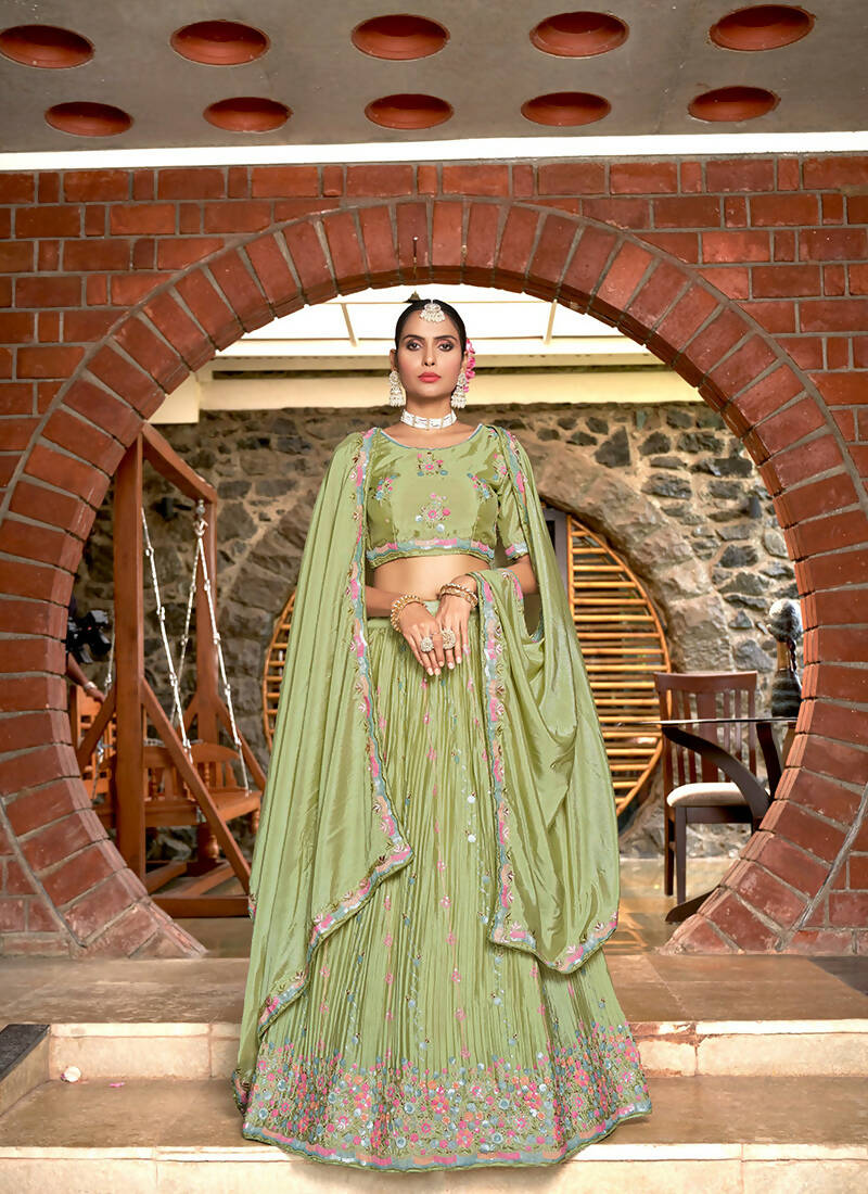 Green Chinon Crushed Sequence and Thread Embroidery Work Lehenga Choli with Dupatta - Viharini | Grocsy
