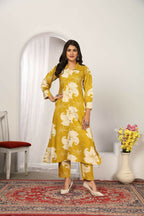 Jyoti Fashion Women's Mustard Rayon Floral Print with Side Pocket Kurtis & Sets | Grocsy
