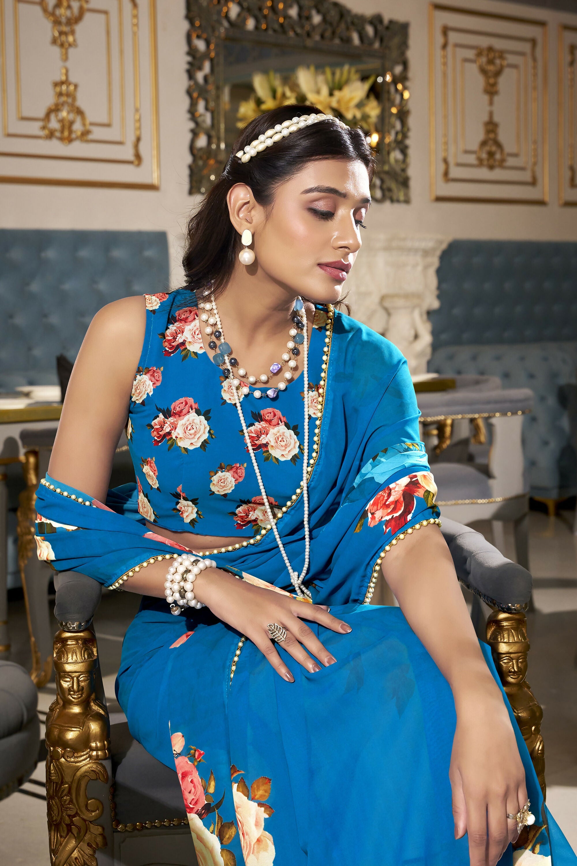 Vastranavya Firozi Spectacular Georgette Printed with Pearl Lace Saree with Unstitched Blouse | Grocsy