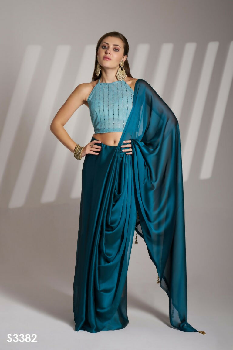 Blue Satin Rangoli Solid Fancy Designer Saree - Nafisa | Grocsy