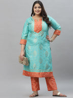 Sztori Plus Size Floral Foil Printed Gotta Patti Straight Kurta With Trouser | Grocsy
