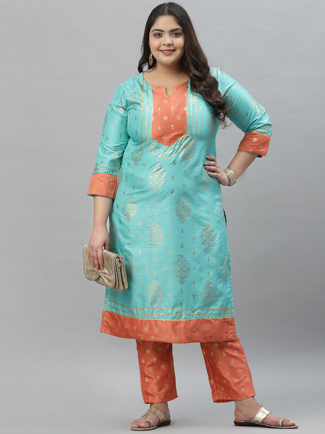 Sztori Plus Size Floral Foil Printed Gotta Patti Straight Kurta With Trouser | Grocsy
