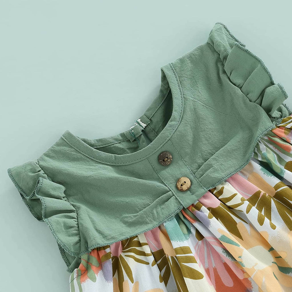 Bold N Elegant Cotton Floral Printed Ruffle Sleeve Princess Dress Frock With Fabric Hat Cap - Green | Grocsy