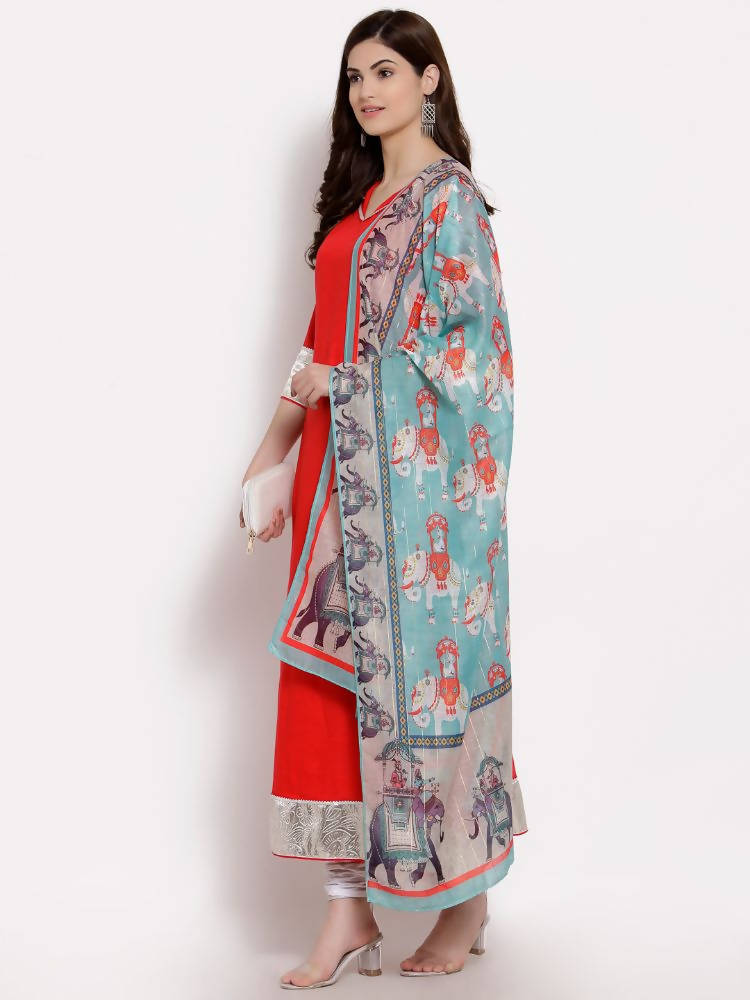Myshka Women's Red Cotton 3/4 Sleeve V Neck Solid Casual Anarkali Kurta Dupatta Set | Grocsy
