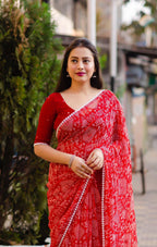Red Poly Georgette Ethnic Motifs Saree with Unstitched Blouse - A2M | Grocsy