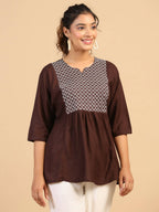 Womens Brown Rayon Yoke Embroidered Top - Keeva | Grocsy
