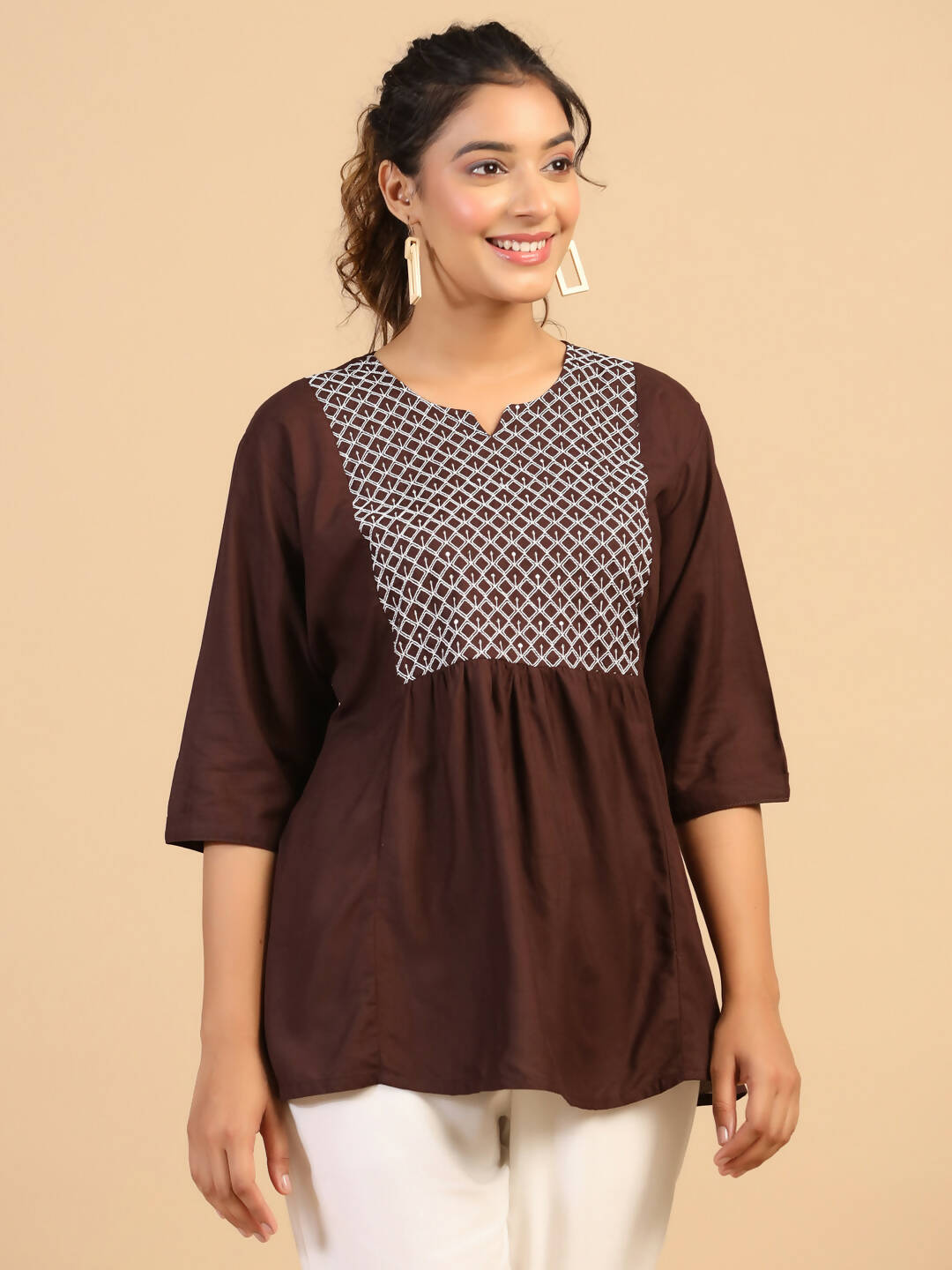 Womens Brown Rayon Yoke Embroidered Top - Keeva | Grocsy