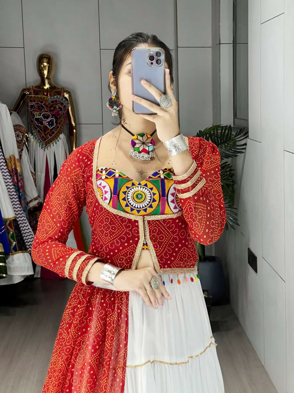 Yash Enterprise Red And White Rayon Cotton Embroidery Semi Stitched Navratri Top Chaniya Choli | Grocsy