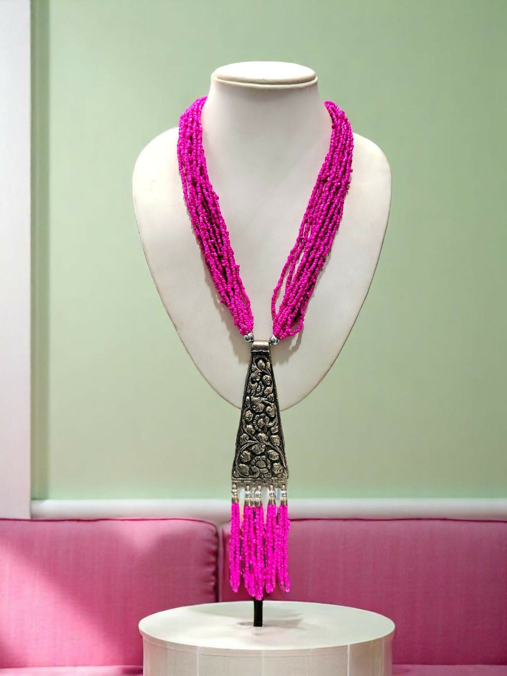 Inhanns Day-To-Dinner Tie Shaped Oxidized Black Metal Multi-Layered Long Only Necklace - Hot Pink | Grocsy