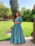 Jyoti Fashion Women's Turquoise Heavy Digital Printed Cotton Silk Anarkali Dress | Grocsy