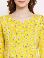 Myshka Women's Yellow Cotton 3/4 Sleeve Round Neck Printed Casual Tunic | Grocsy