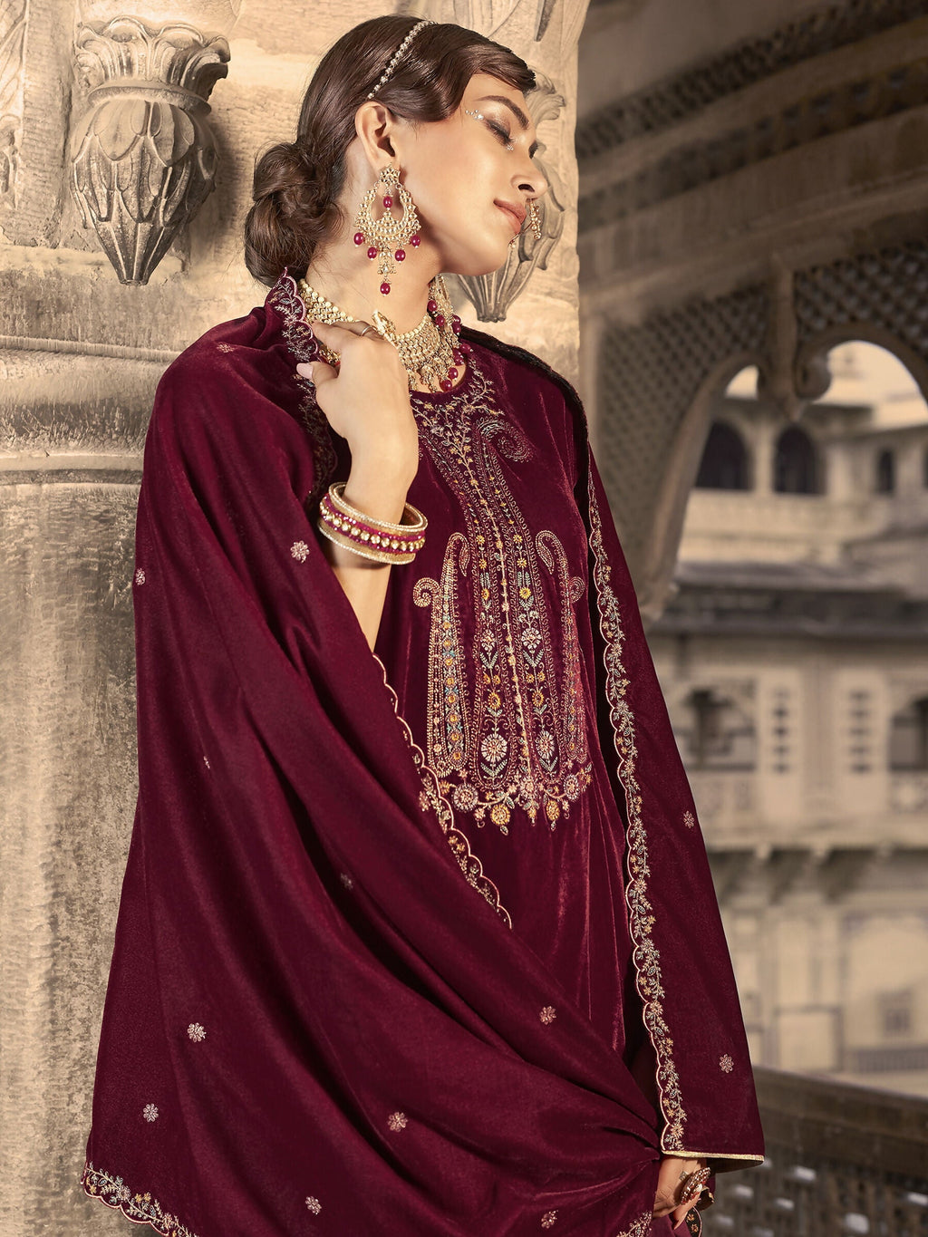 Jyoti Fashion Women's Maroon Velvet Floral Resham Thread with Jari work Kurta with Trouser & Dupatta | Grocsy
