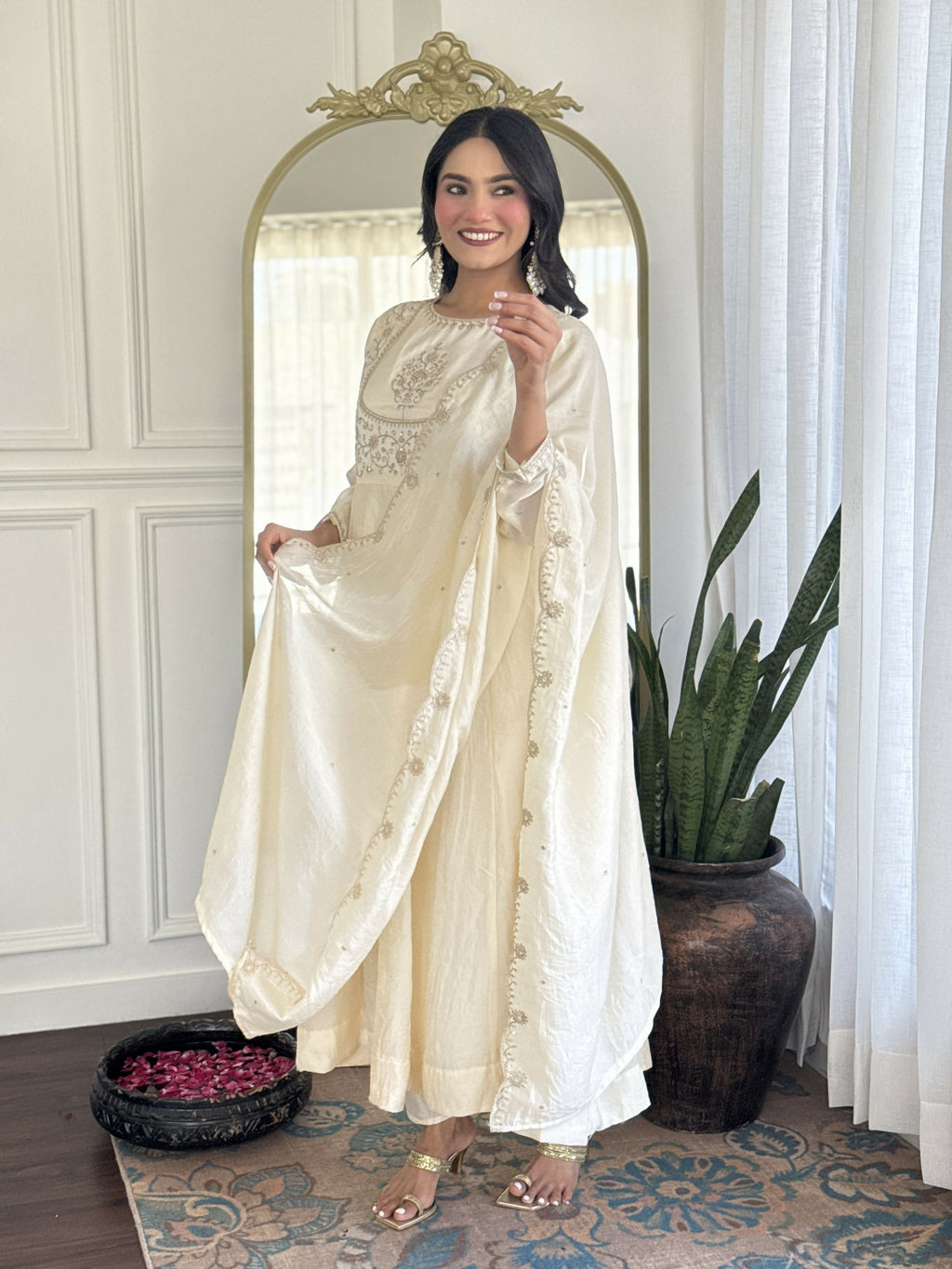 The52 CreamWomen's Gorgeous Embroidered Vichitra Silk Fabric Flared Kurta Pant with Dupatta Set | Grocsy