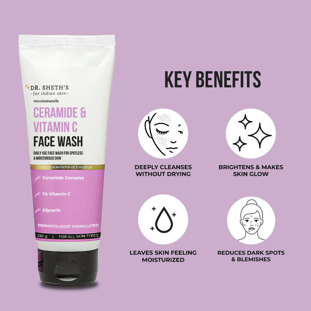 Dr. Sheth's Ceramide & Vitamin C Brightening Face Wash Gently Cleanses, Hydrates & Reduces Dark Spots, For Normal, Oily & Combination Skin | Grocsy