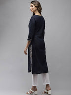 Yufta Women Navy Blue Yoke Design Mirror Work Cotton Kurta | Grocsy