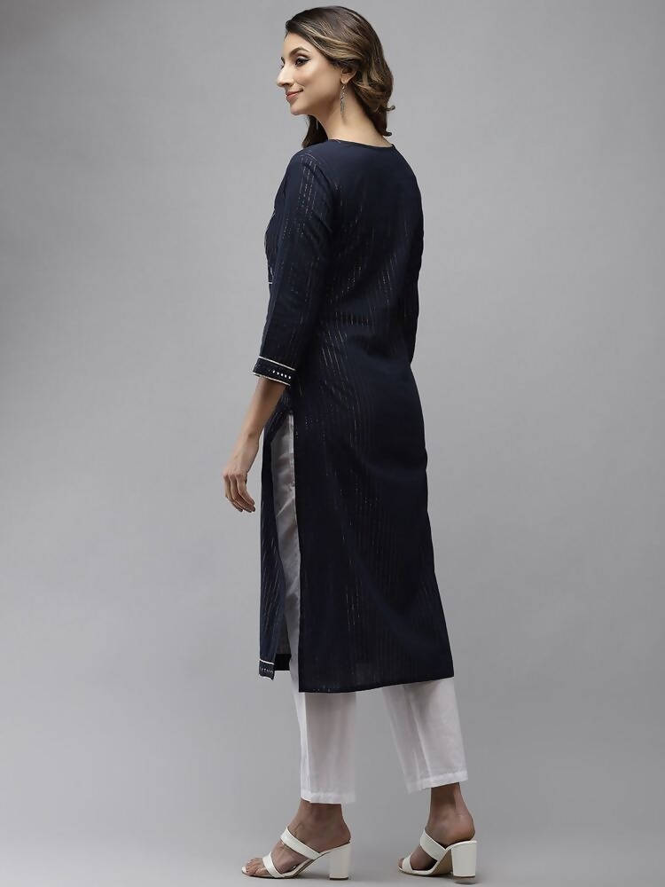 Yufta Women Navy Blue Yoke Design Mirror Work Cotton Kurta | Grocsy