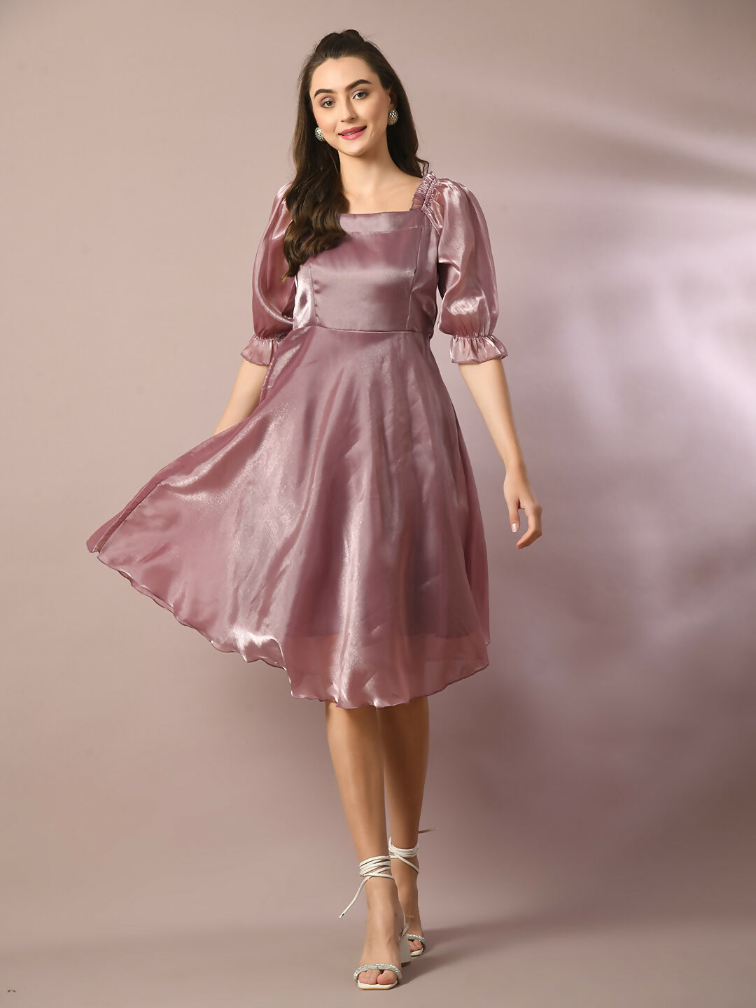 Myshka Women's Brown Solid Square Neck Fit and Flare Party Dress | Grocsy