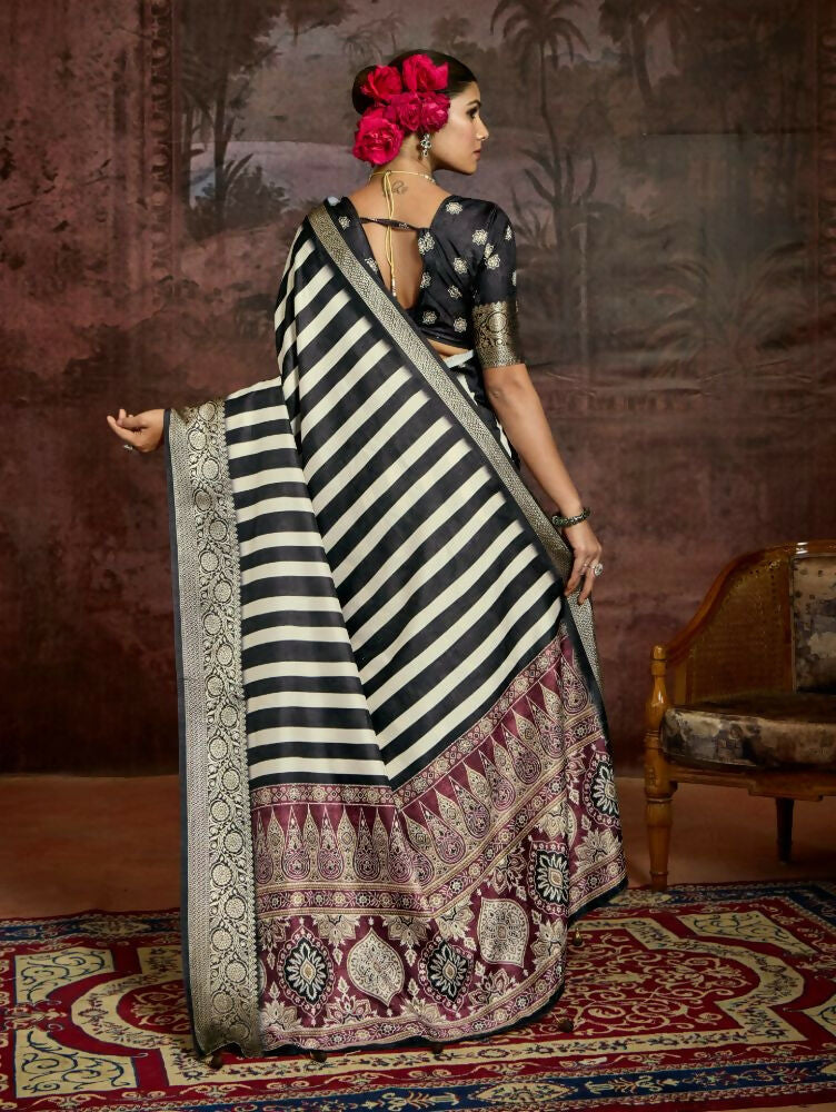 Joban Fashion Black Dola Tussar Silk Self Jacquard Border Saree | Grocsy