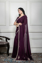 Morchari Wine Chiffon Hand Embroidery Saree And Stitched Blouse | Grocsy
