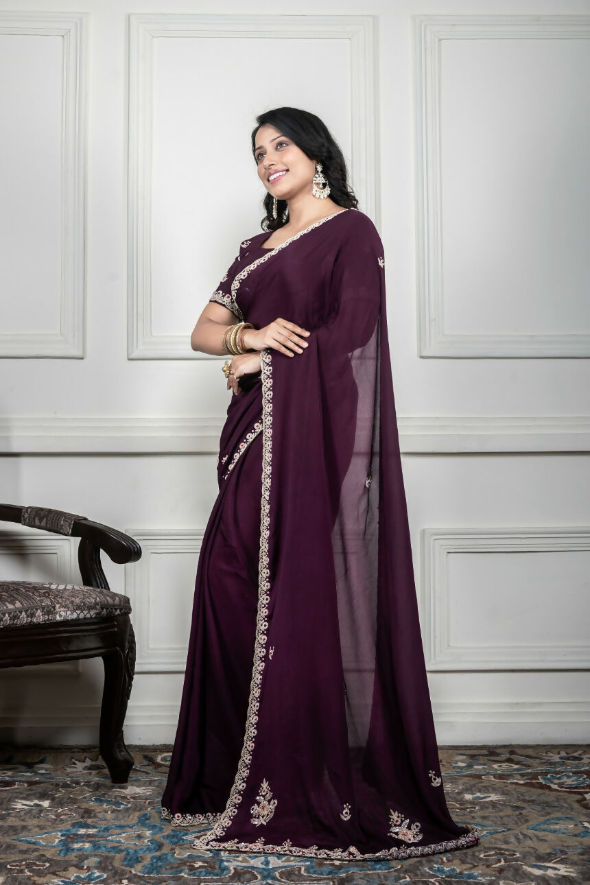 Morchari Wine Chiffon Hand Embroidery Saree And Stitched Blouse | Grocsy