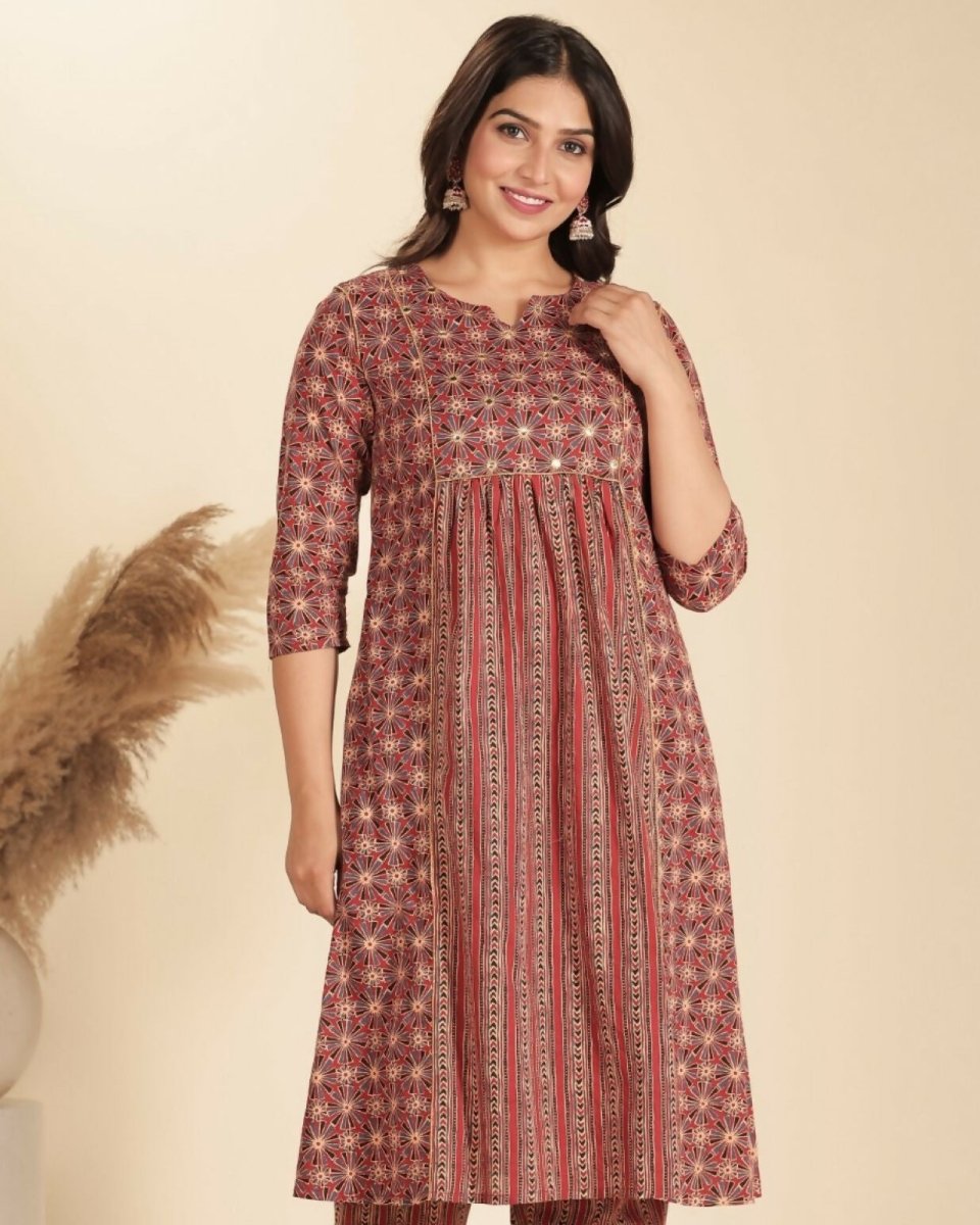 Aramya Red Soft Cotton Geometric Panelled Kurta for Women | Grocsy