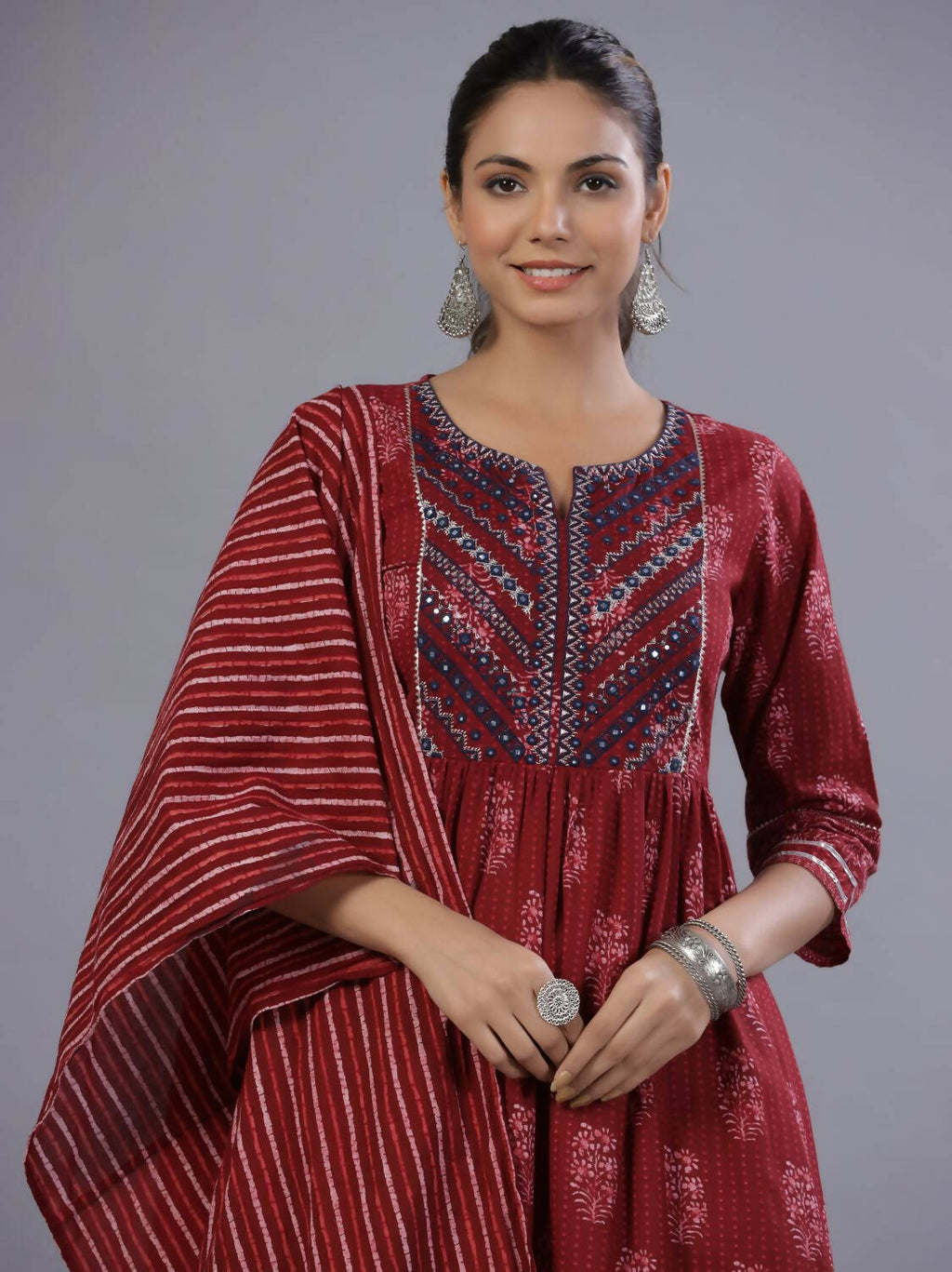 Juniper Women Maroon Cotton Cambric Batik texture Printed Kurta, Pants and Dupatta Set | Grocsy