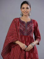 Juniper Women Maroon Cotton Cambric Batik texture Printed Kurta, Pants and Dupatta Set | Grocsy