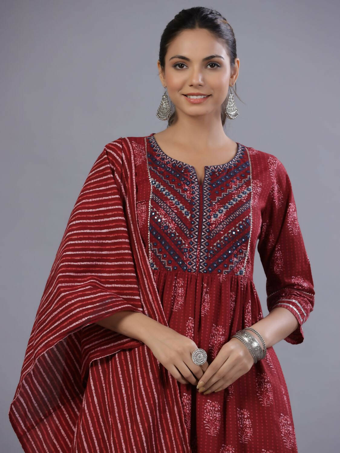 Juniper Women Maroon Cotton Cambric Batik texture Printed Kurta, Pants and Dupatta Set | Grocsy