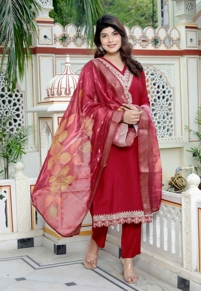 Miravan Women's Embroidered Pure Silk Red Kurta with Palazzo and Dupatta | Grocsy