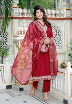 Miravan Women's Embroidered Pure Silk Red Kurta with Palazzo and Dupatta | Grocsy