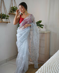 Vamsee Vika 9Mm Sky Organza Saree | Grocsy