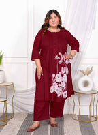 Miravan Women's Plus Size Wine pure cotton floral printed Kurta and palazzo set | Grocsy