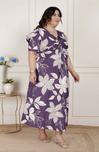 Miravan Womens Plus Size Purple Pleated Puff Sleeve Floral Pure Cotton Butterfly Middi Dress | Grocsy