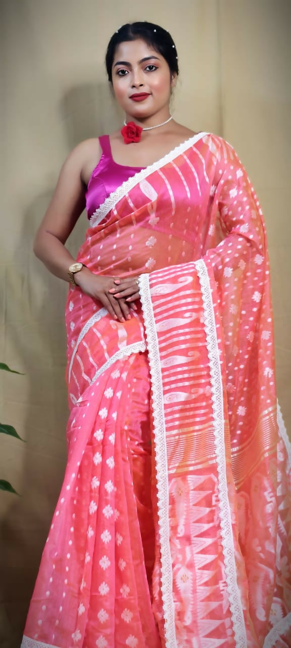 Exclusive Collection Beautiful Peach Jaal Jamdani Saree | Grocsy