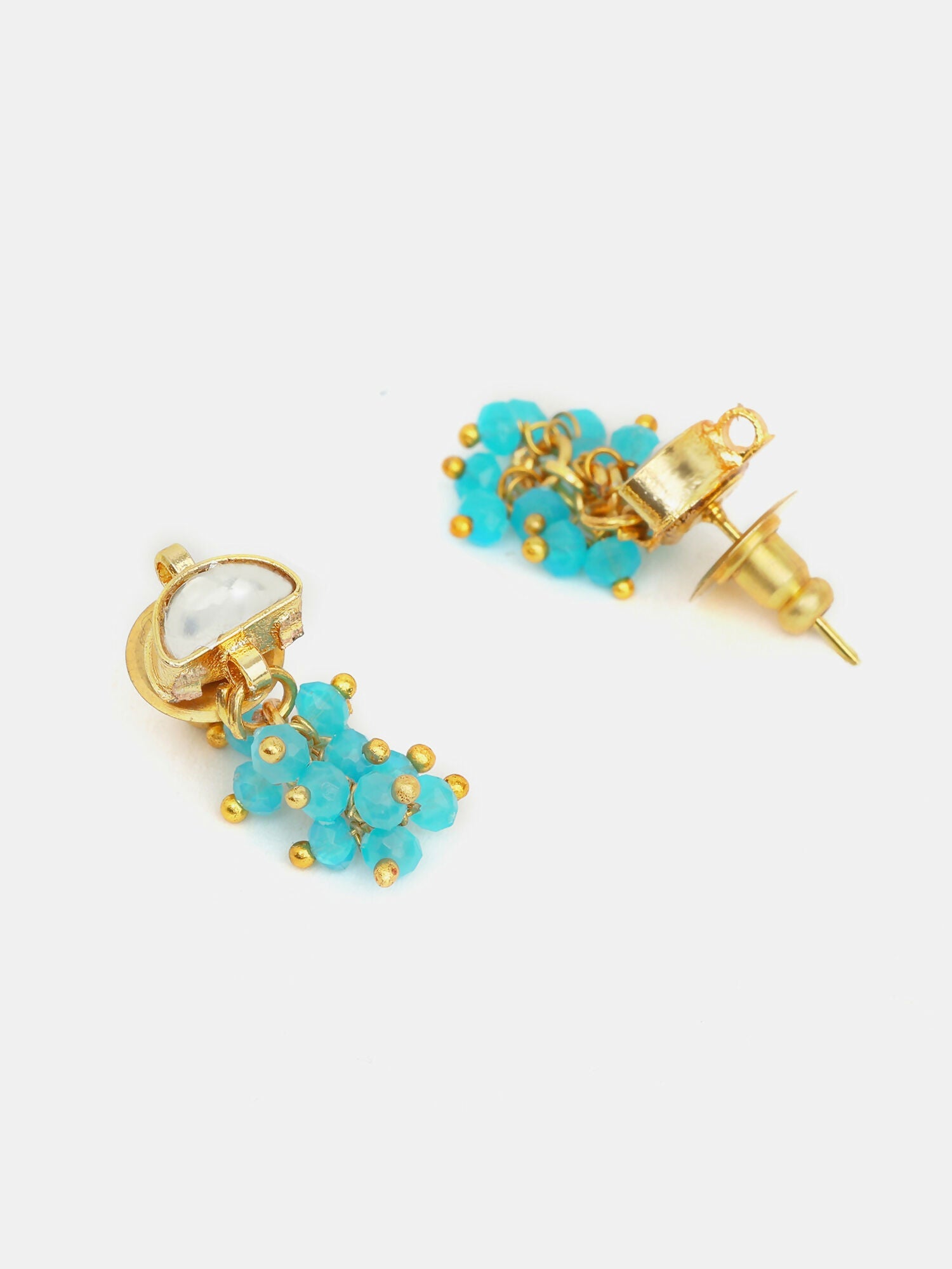 Ruby Raang Semi-Circle Gold Blue Earrings Set With Maang Tikka | Grocsy