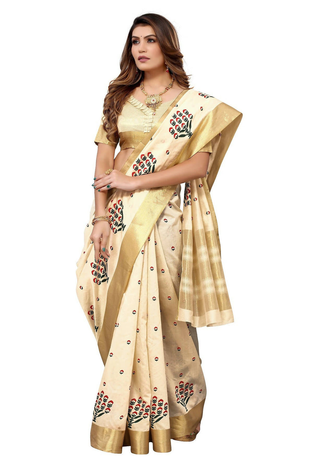 Vamika Cream Weaving Cotton Polyester Silk Saree | Grocsy