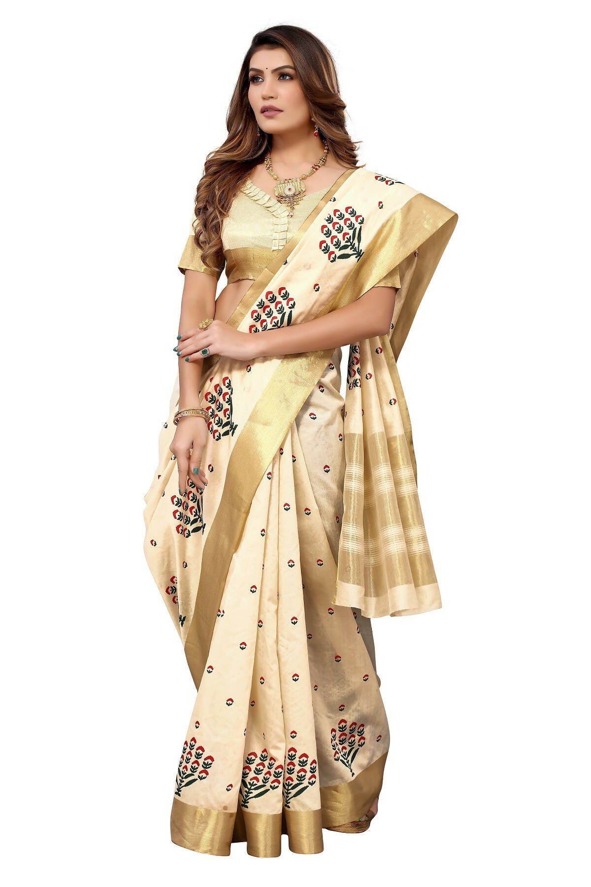 Vamika Cream Weaving Cotton Polyester Silk Saree | Grocsy