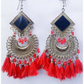 MS Fashion India Latest Trendy Chandbali Red Pearls And Threads Long Mirror Half Moon Silver Tone Earrings | Grocsy