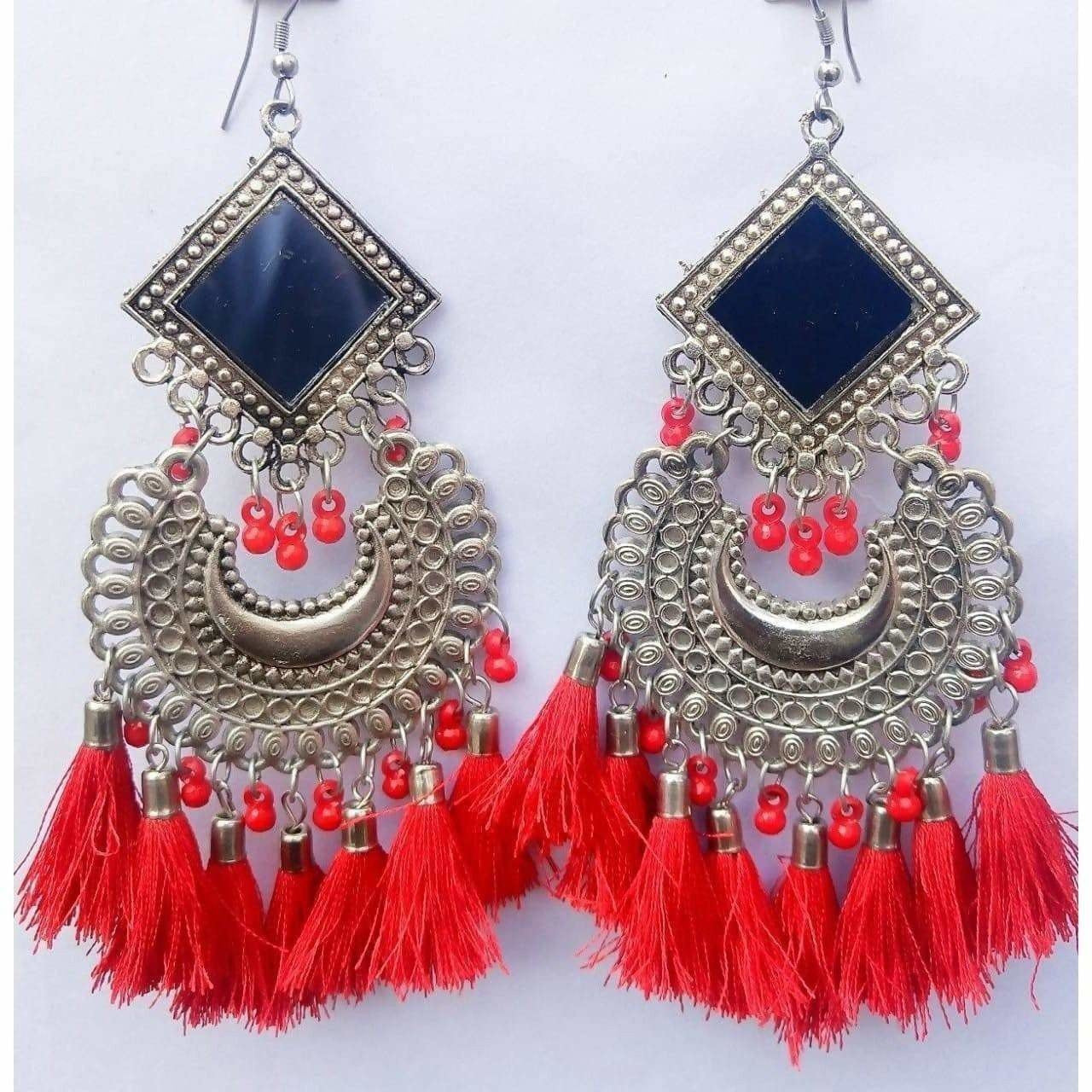 MS Fashion India Latest Trendy Chandbali Red Pearls And Threads Long Mirror Half Moon Silver Tone Earrings | Grocsy