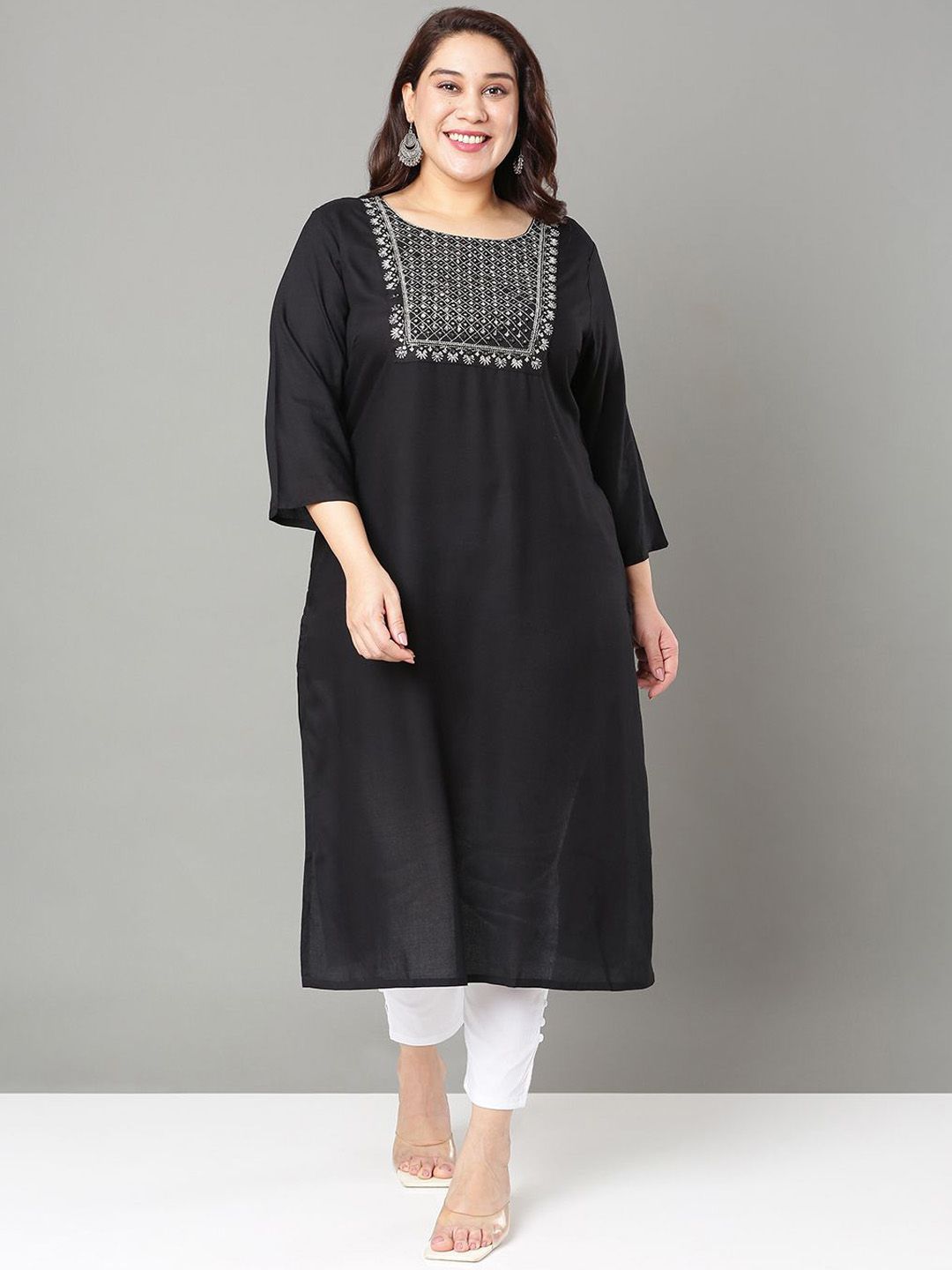 Sztori Plus Size Floral Yoke Design Mirror Work Straight Kurta | Grocsy