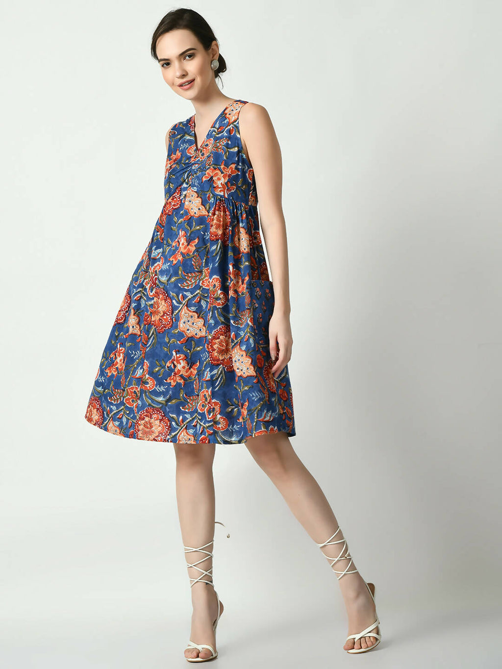 Myshka Women's Blue Floral Printed A-Line Dress | Grocsy