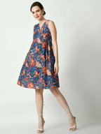 Myshka Women's Blue Floral Printed A-Line Dress | Grocsy