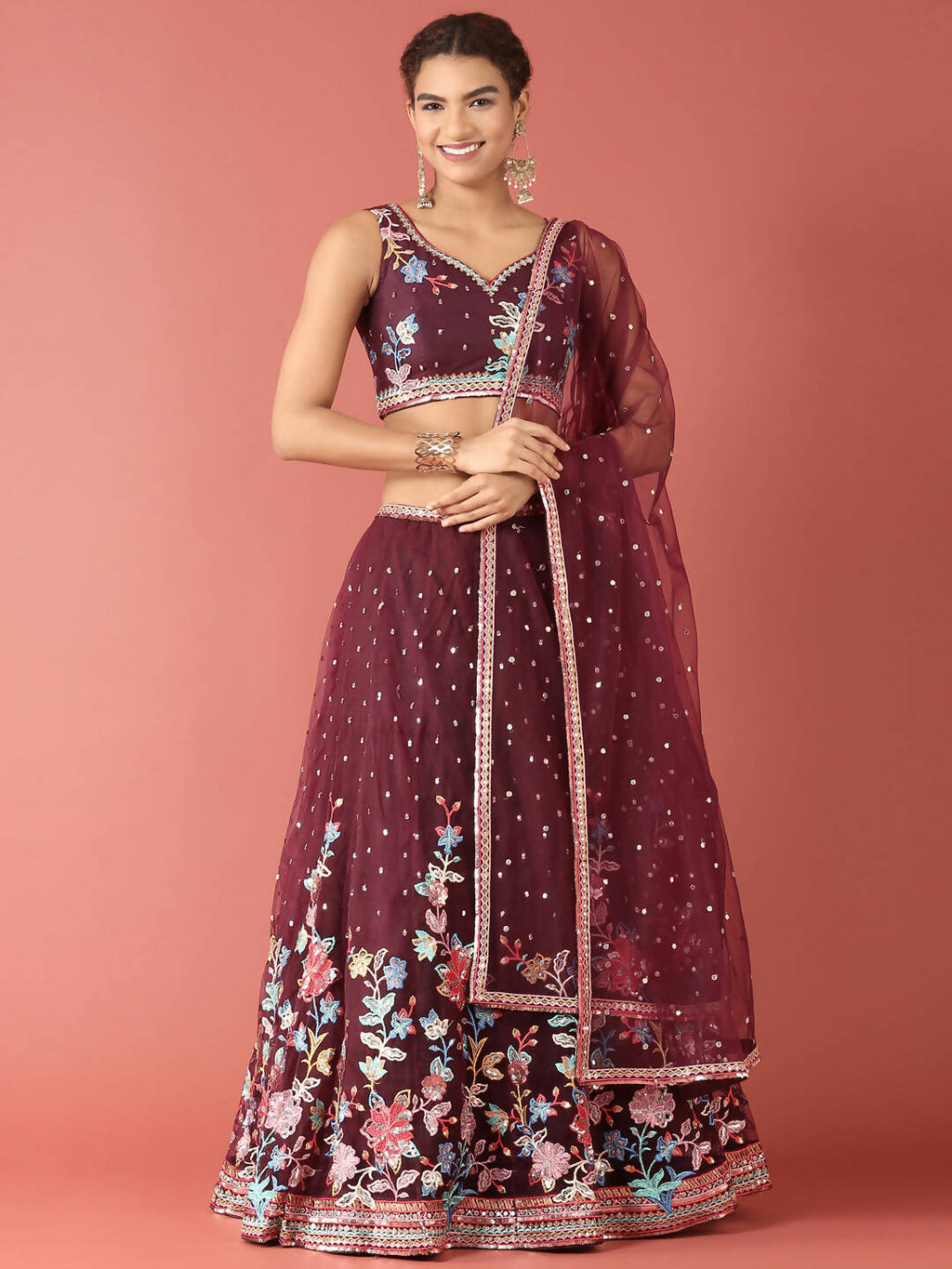 House of Panchhi Burgundy Net Multi colour Thread & Sequinse Work Lehenga & Blouse, Dupatta | Grocsy