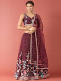 House of Panchhi Burgundy Net Multi colour Thread & Sequinse Work Lehenga & Blouse, Dupatta | Grocsy