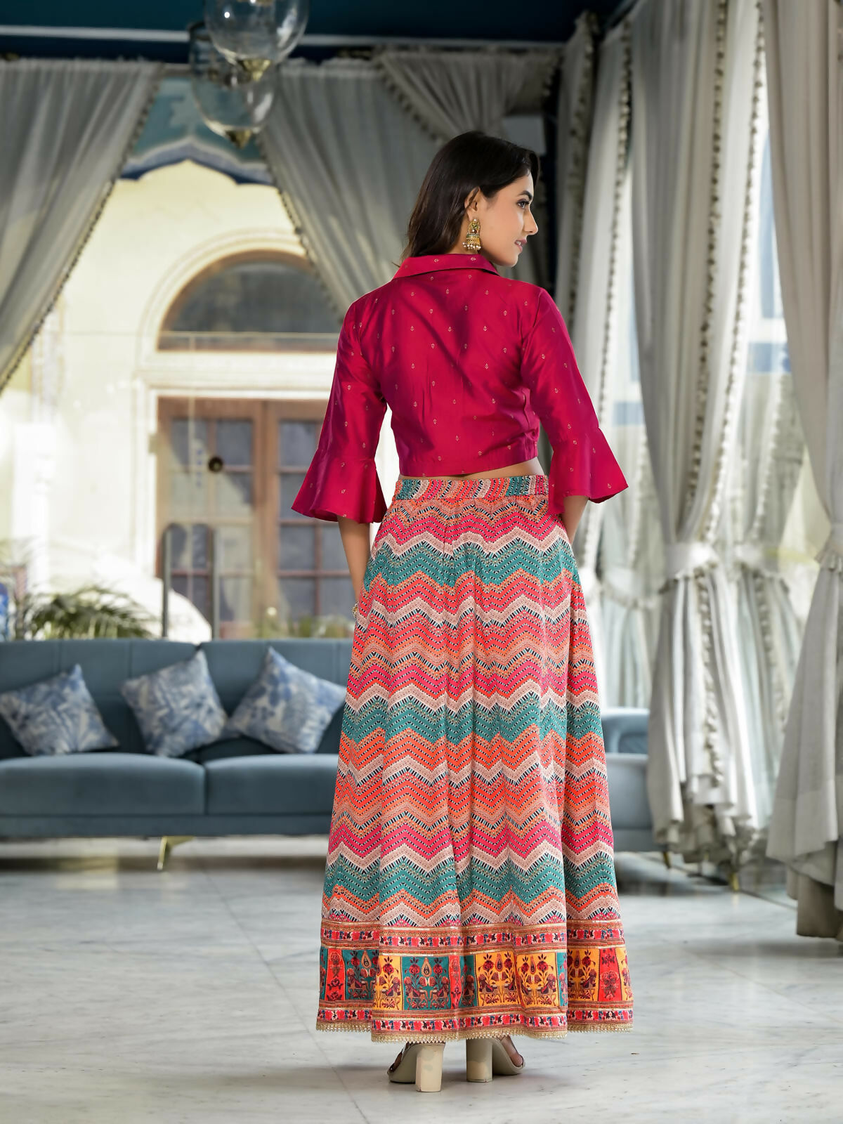 Juniper Women's Multi Ethnic Motif Printed Cotton Crop Top And Skirt With Lace & Button Detail | Grocsy